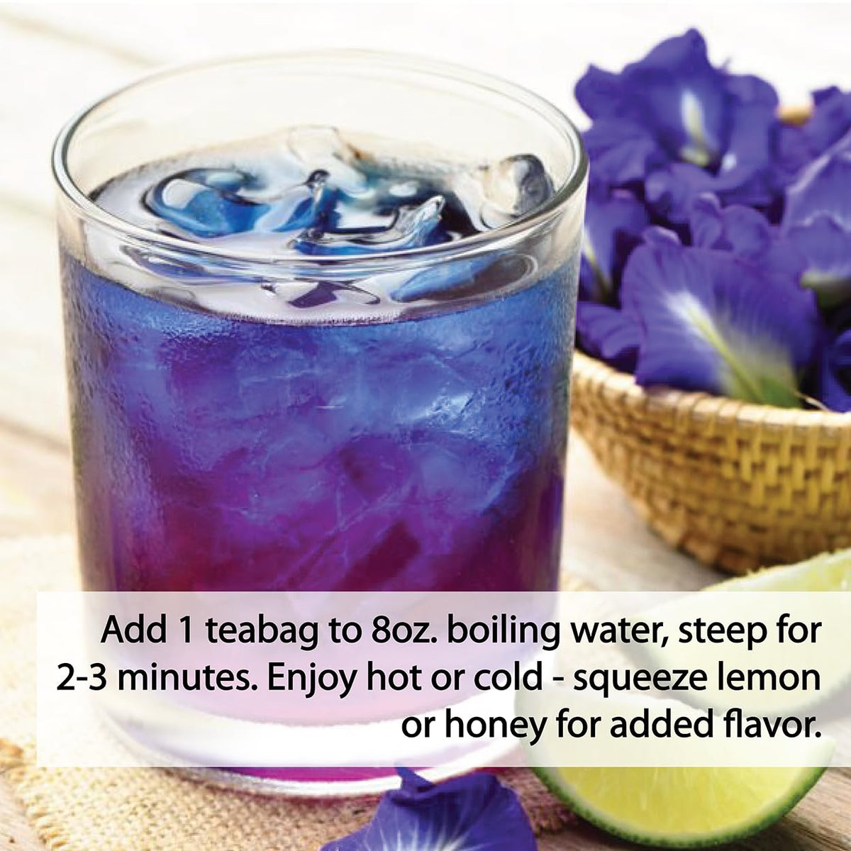 Incas Thai harvest butterfly pea flowers emphasize fresh, organic sourcing.