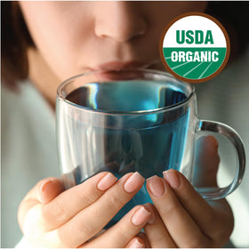 Incas butterfly pea tea creates a vibrant blue infusion in your cup.