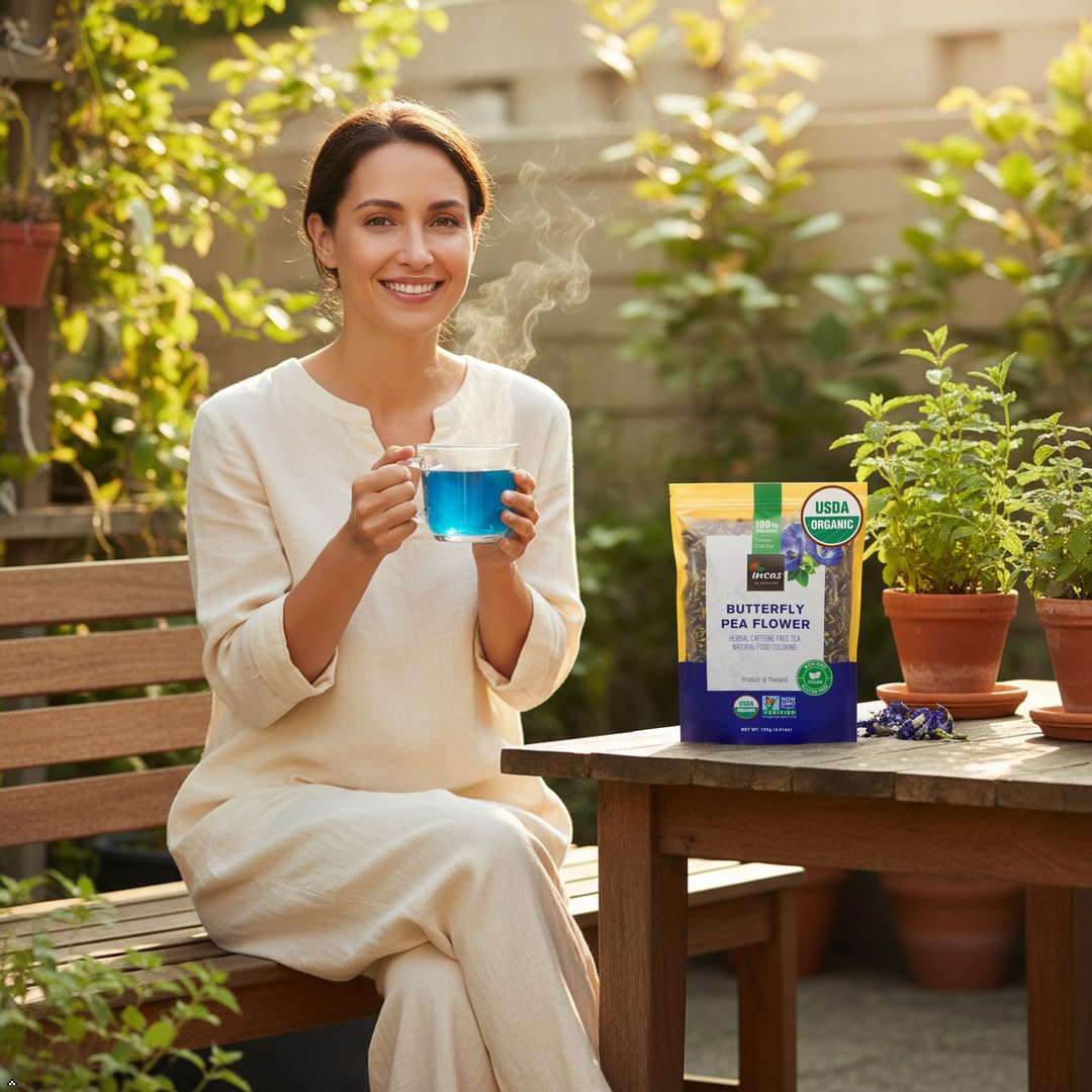 Incas butterfly pea tea brewed cup ready to enjoy a calming, caffeine-free moment