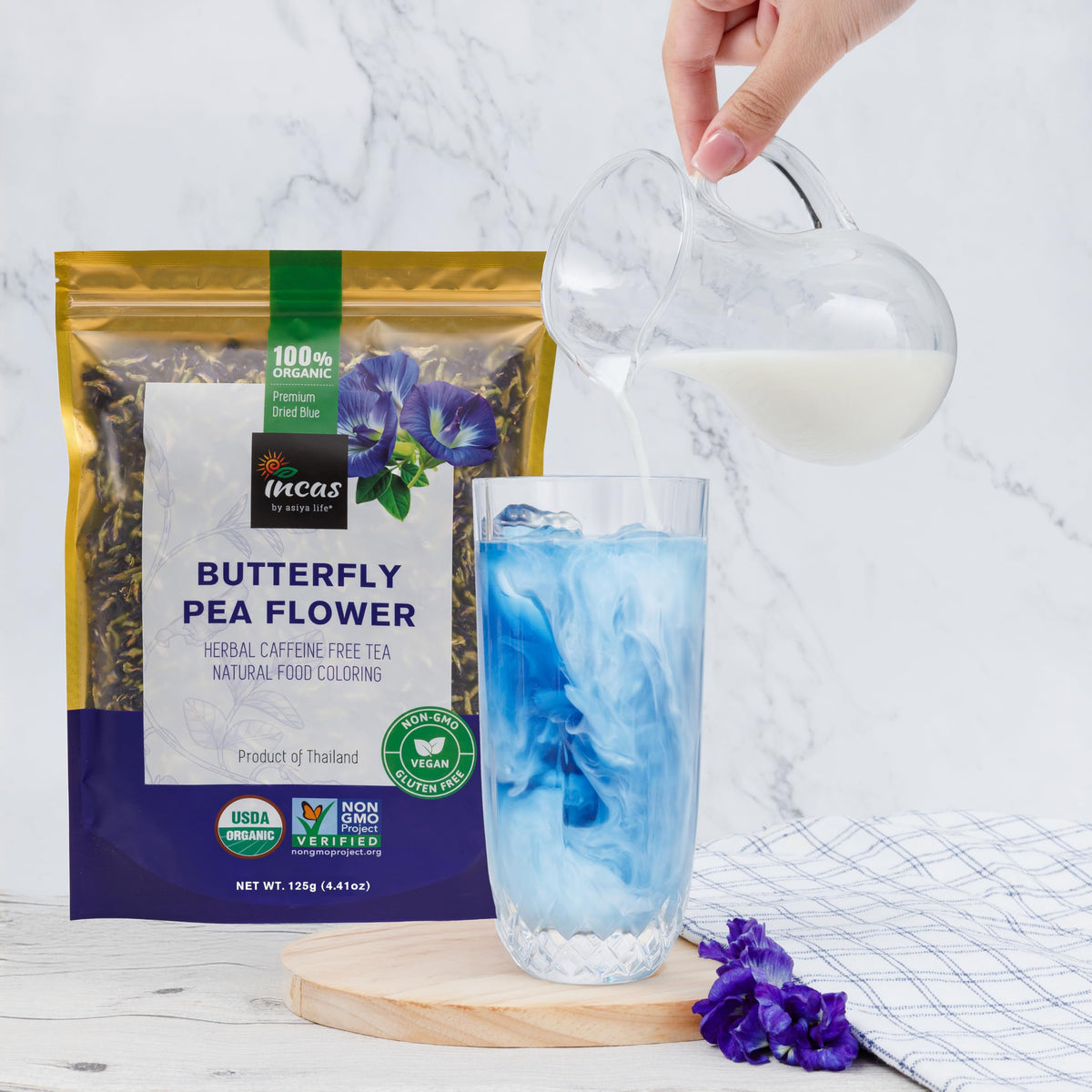 Incas butterfly pea tea Non-GMO verified signals product integrity