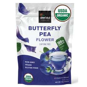Incas butterfly pea tea packaging highlighting organic, caffeine-free quality.