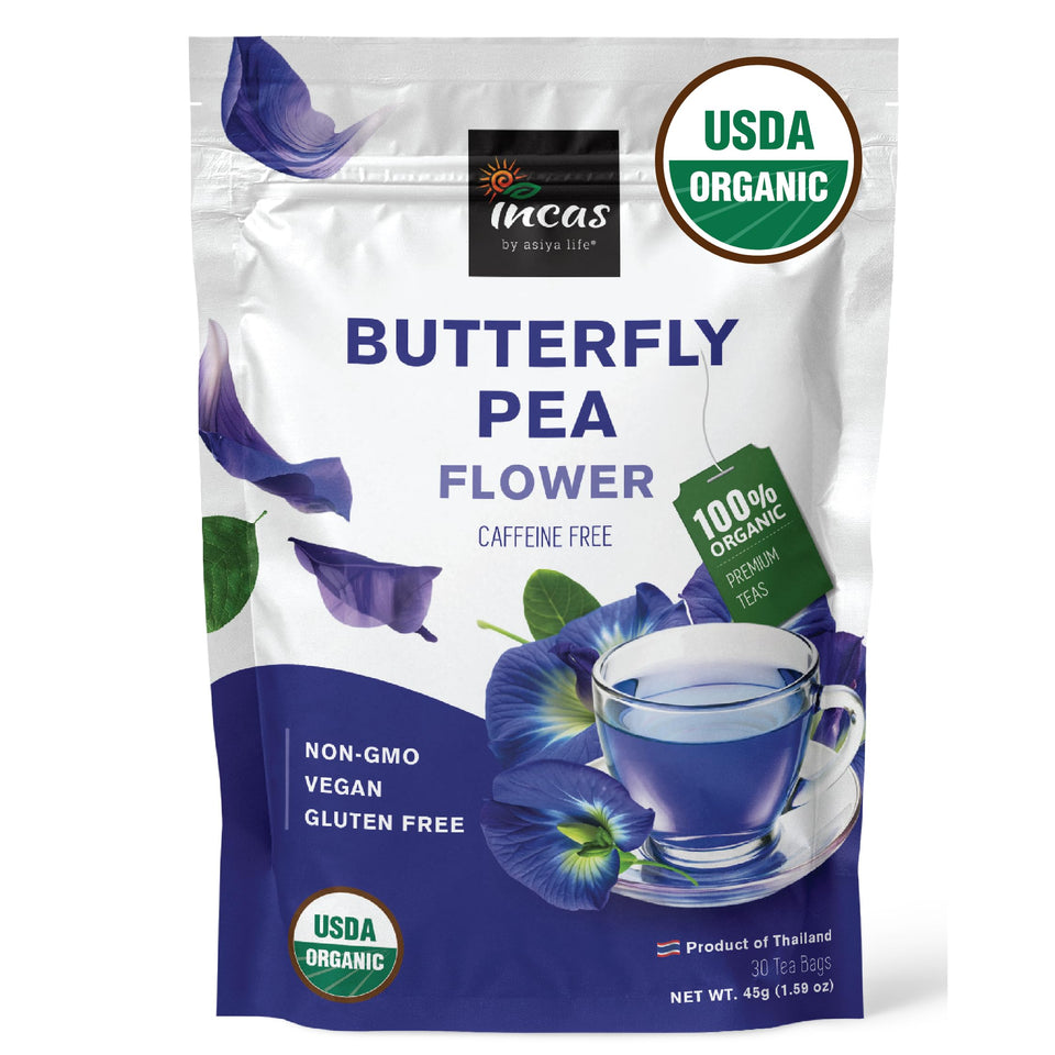 Incas butterfly pea tea packaging highlighting organic, caffeine-free quality.