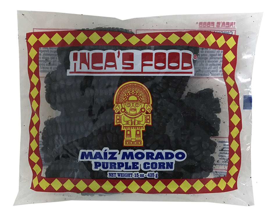Inca's Food Maiz Morado cob, vibrant purple kernels perfect for chicha morada and color-rich soups.