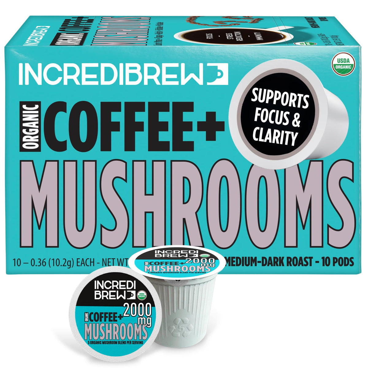 Incredibrew organic mushroom coffee pod packaging highlighting eco-friendly design.