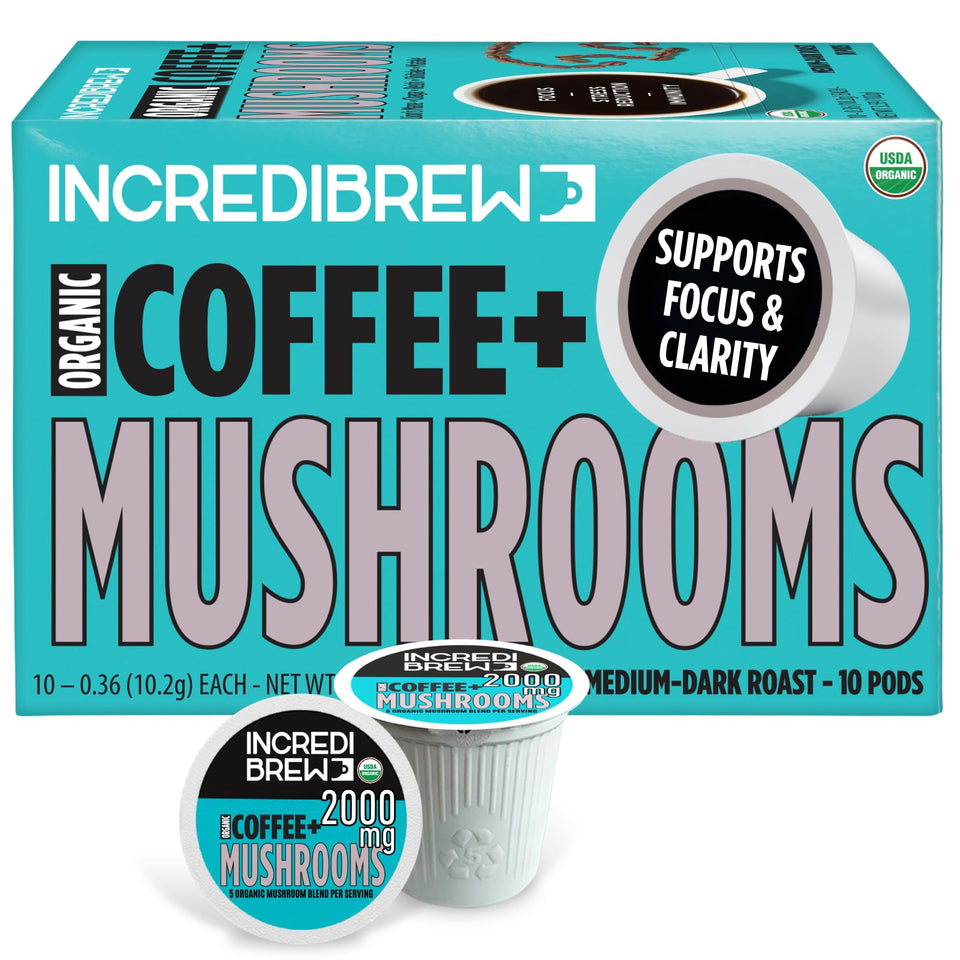 Incredibrew organic mushroom coffee pod packaging highlighting eco-friendly design.