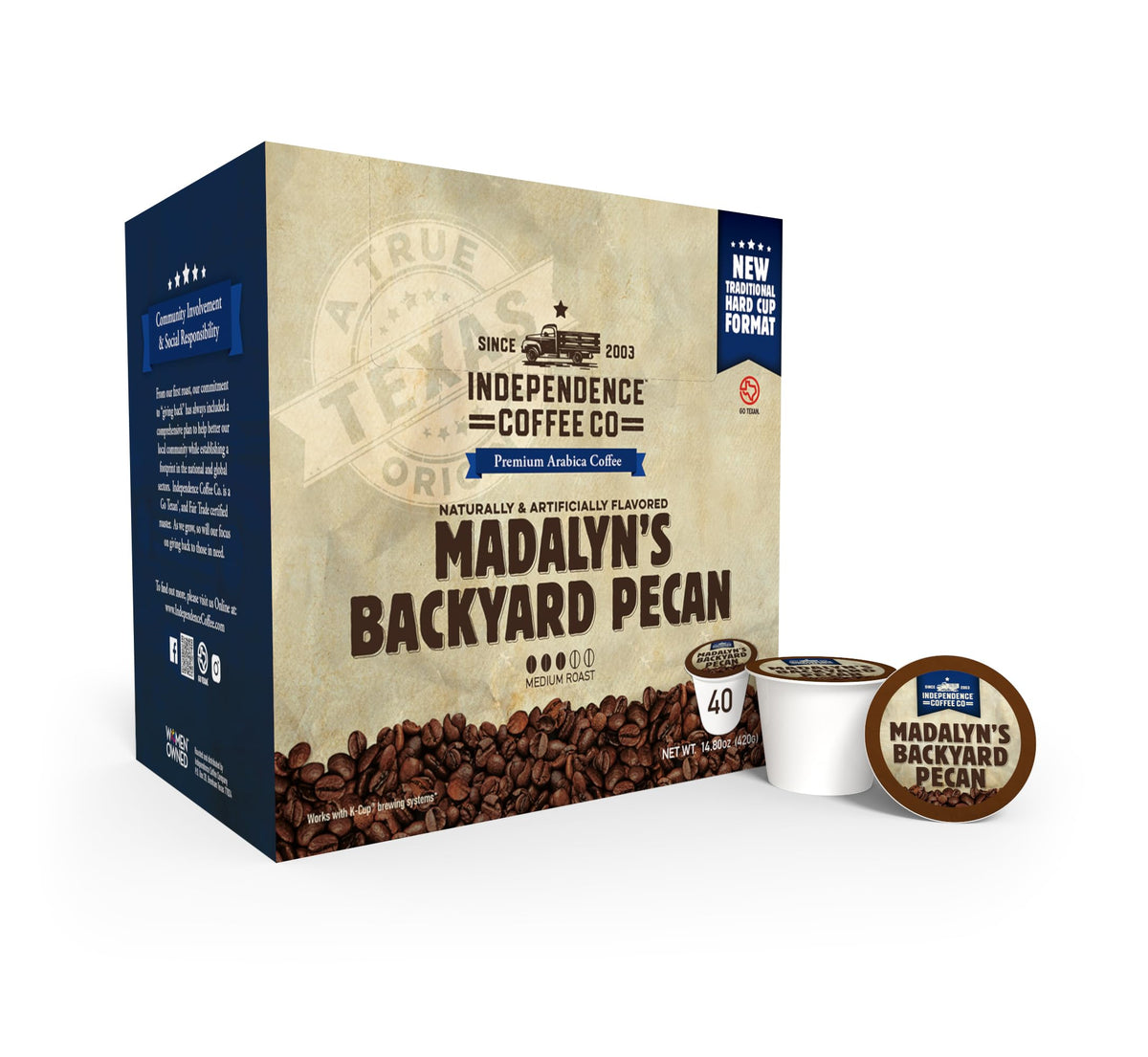 Independence Coffee Co. Madalyn's Backyard Pecan K-Cups displayed for quick mornings