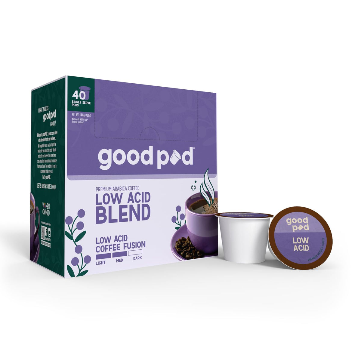 Independence Coffee Co goodPOD low acid pod pack closeup showing smooth flavor for easy mornings
