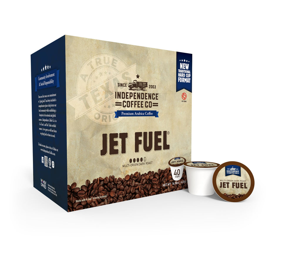 Independence Coffee Co. Jet Fuel pods front package, convenient single-serve format