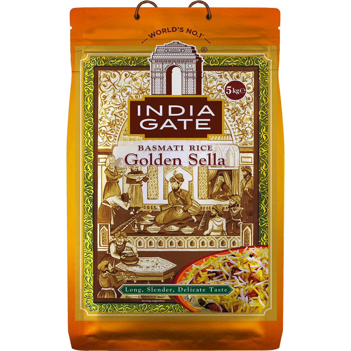 India Gate Golden Sella parboiled basmati rice bag with inviting aroma for versatile meals.