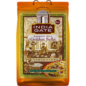 India Gate Golden Sella parboiled basmati rice bag with inviting aroma for versatile meals.