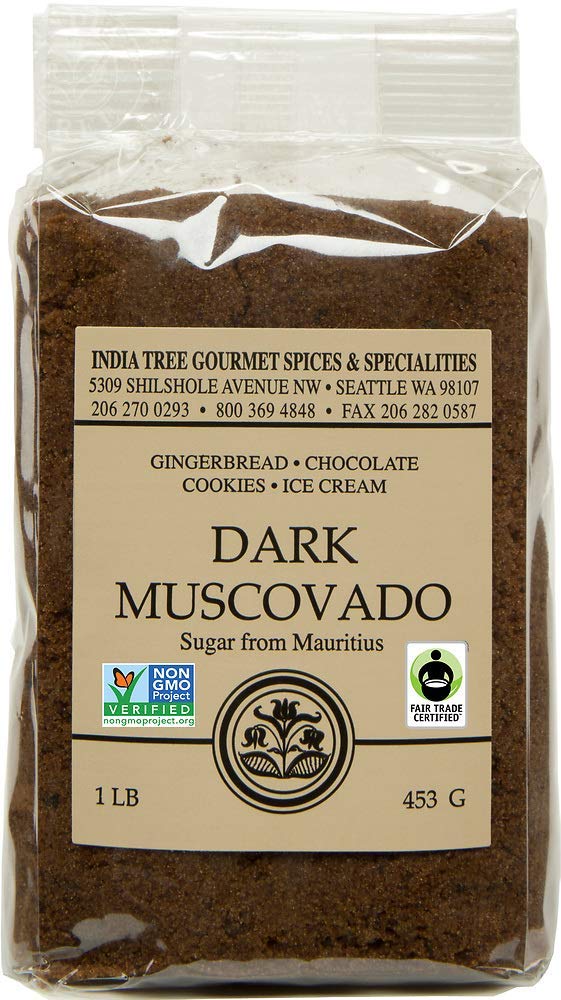 India Tree Dark Muscovado sugar from Mauritius, rich and aromatic, ideal for baking and coffee.