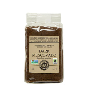 India Tree Dark Muscovado Sugar 1 lb pack with rich molasses crystals for baking.