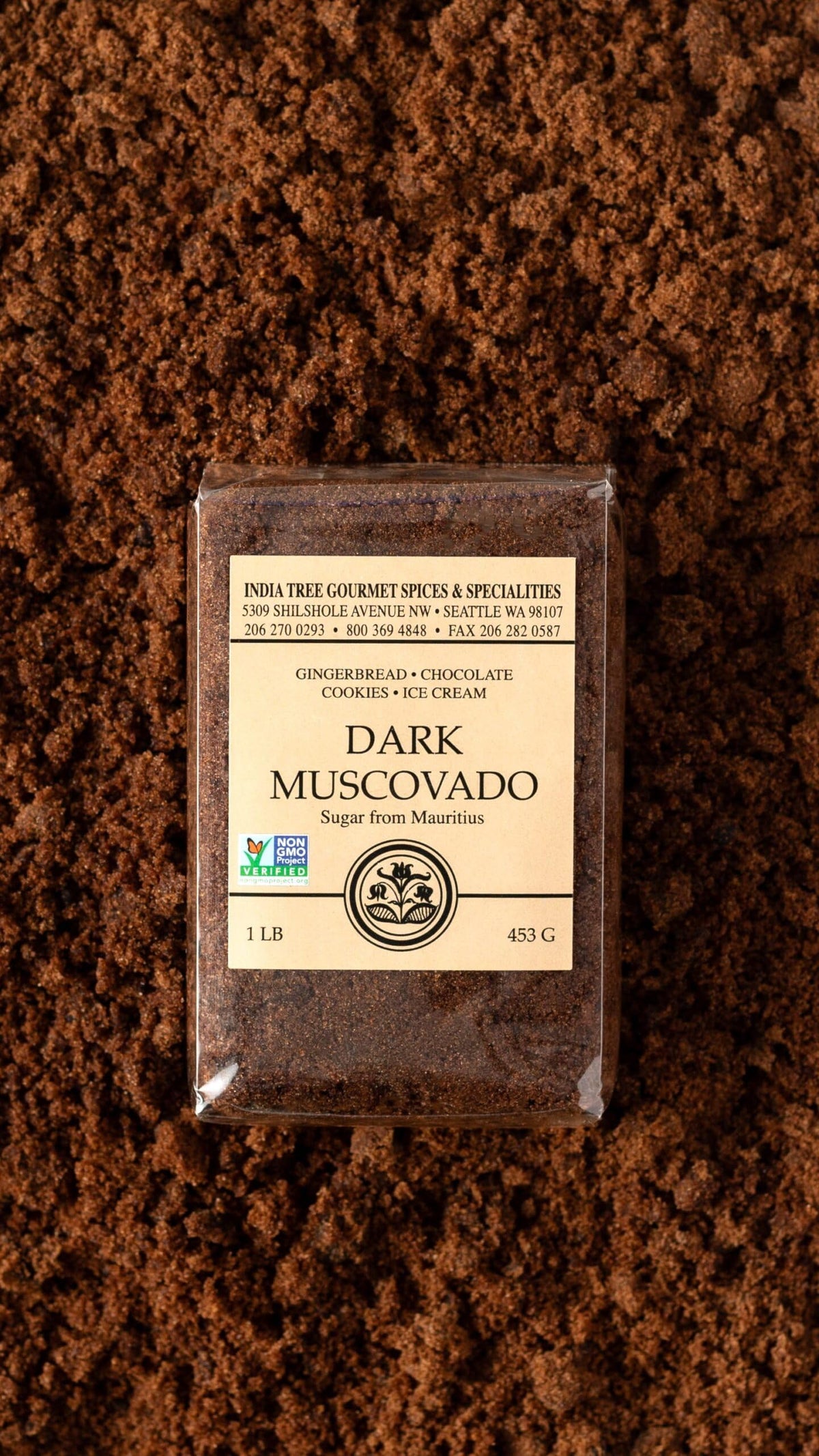 Close-up of India Tree Dark Muscovado Sugar texture showing moist crystals for baking depth.