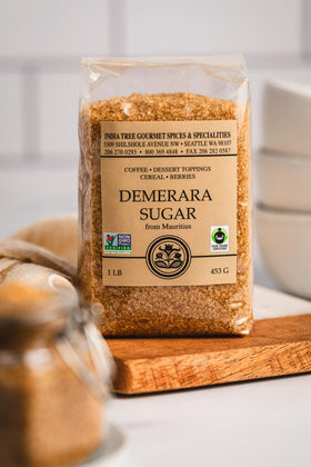 India Tree Demerara sugar Fair Trade label signals ethical sourcing.