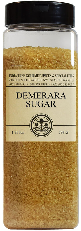 India Tree Demerara Sugar front jar reveals premium unrefined crystals for rich sweetness.