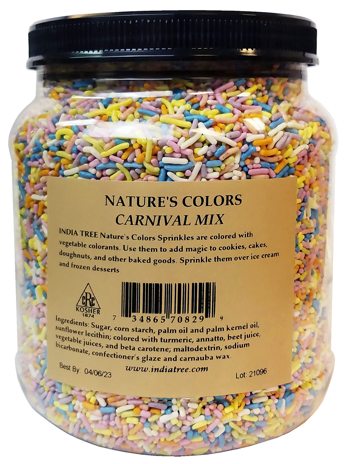 India Tree Pastel Rainbow Sprinkles on cake delivering soft, non-bleeding color for finished desserts.