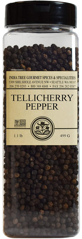 India Tree Tellicherry pepper container ready for fresh grinding to unleash bold aroma.