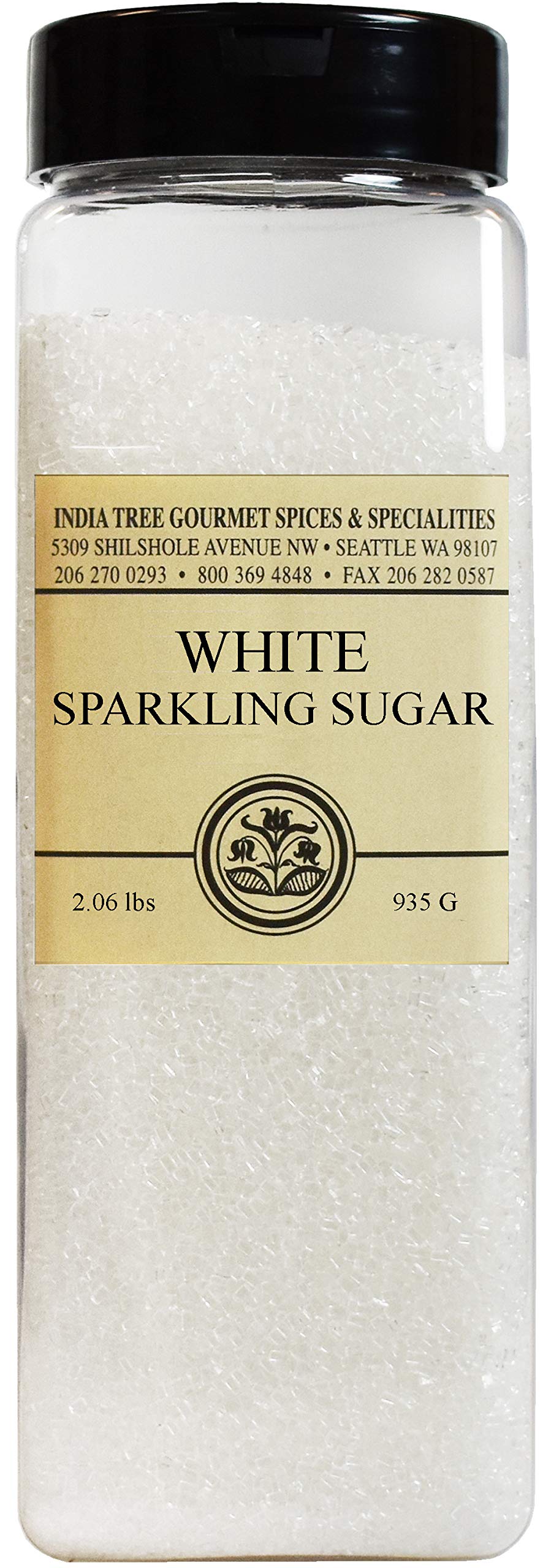 India Tree White Sparkling Sugar canister with large crystals for eye catching decorations and added crunch.