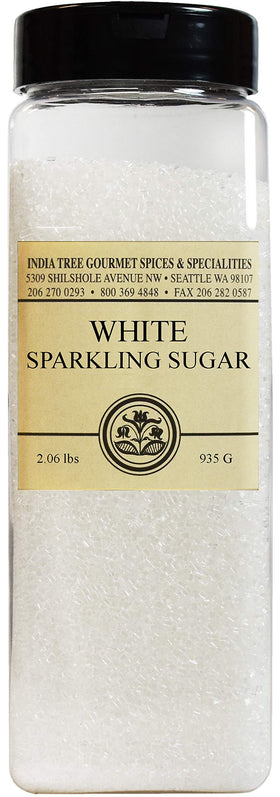 India Tree White Sparkling Sugar canister with large crystals for eye catching decorations and added crunch.