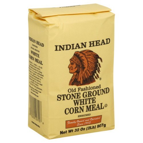 Indian Head corn meal old fashioned white, 2 lb bag, ideal for cornbread and crisp coatings.