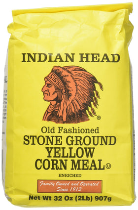 Indian Head stone-ground yellow corn meal bag shows rustic texture for cornbread.