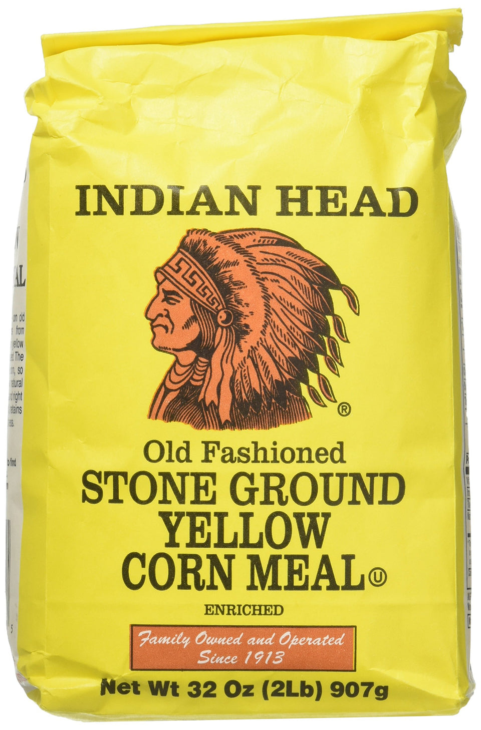Indian Head stone-ground yellow corn meal bag shows rustic texture for cornbread.