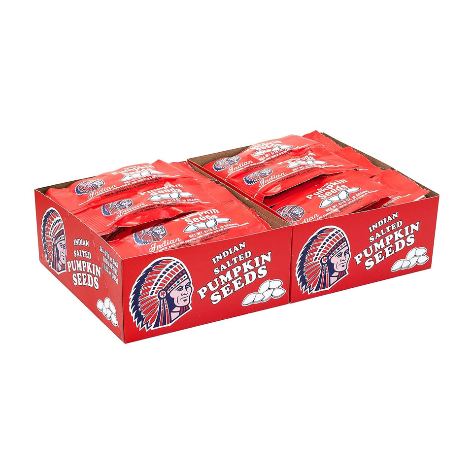 Indian salted pumpkin seeds packaging; USA-made bulk bag for on-the-go snacking.