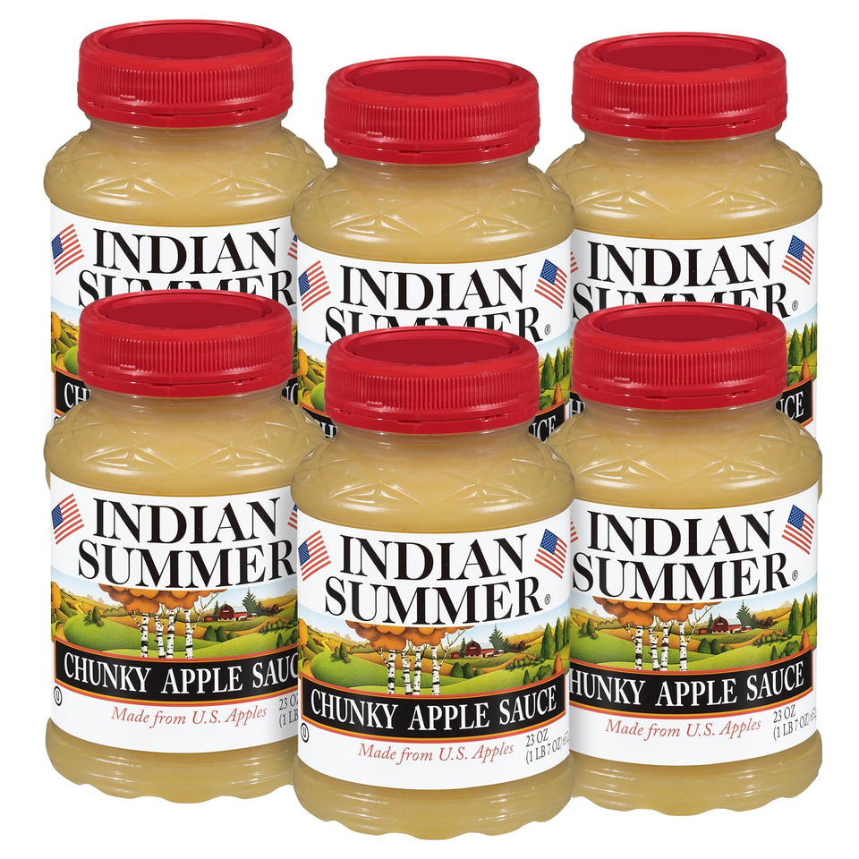 INDIAN SUMMER Chunky Applesauce Original 23oz 6-pack jar shows US-grown apples for family snacking