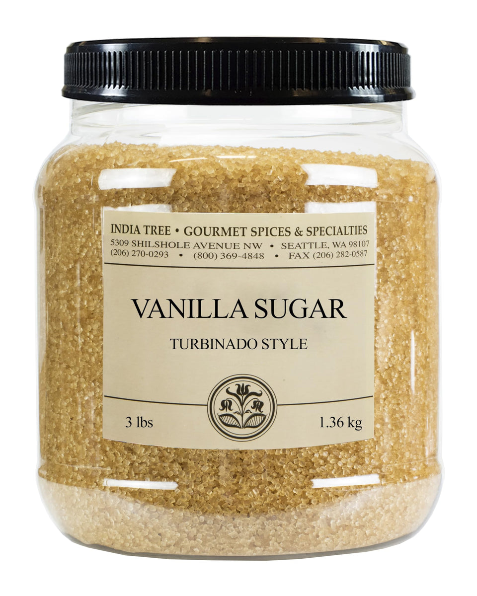 India Tree Vanilla Sugar canister with real vanilla bean specks for rich flavor in desserts
