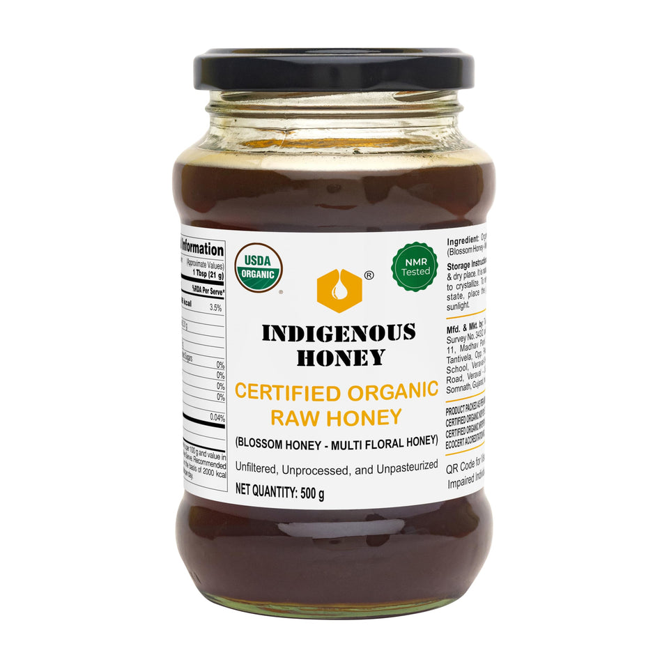 INDIGENOUS HONEY organic raw wild blossom honey in a jar, purity and flavor