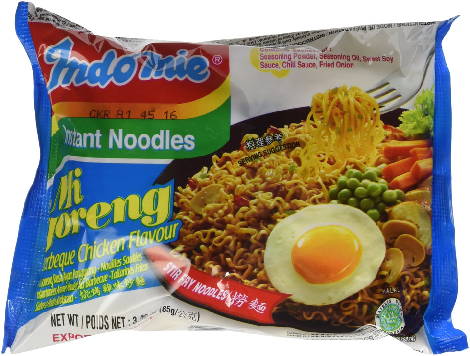 Indomie BBQ Chicken noodles—30-bag case front view, quick weeknight option.