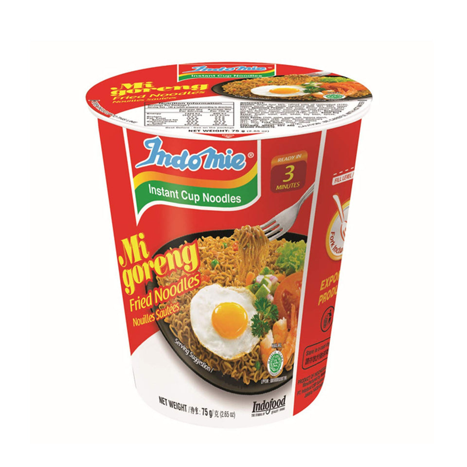 Indomie Mi Goreng Cup noodles in original flavor for a quick, flavorful meal.