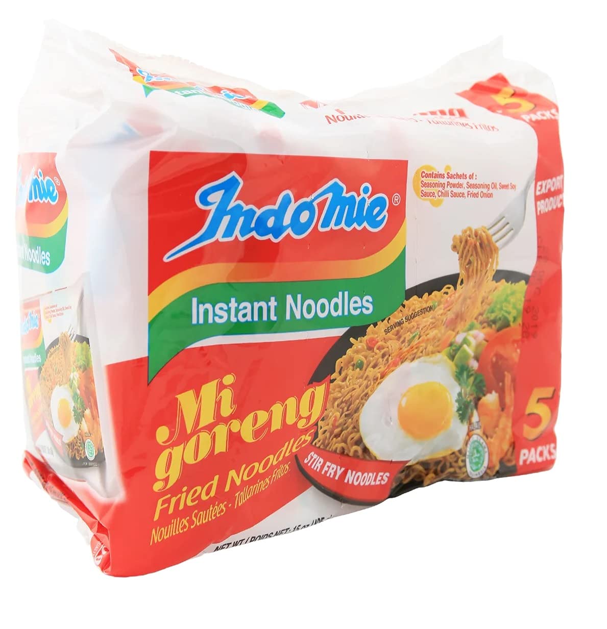 Indomie Mi Goreng dry noodles with sauce packets ready for a quick meal.