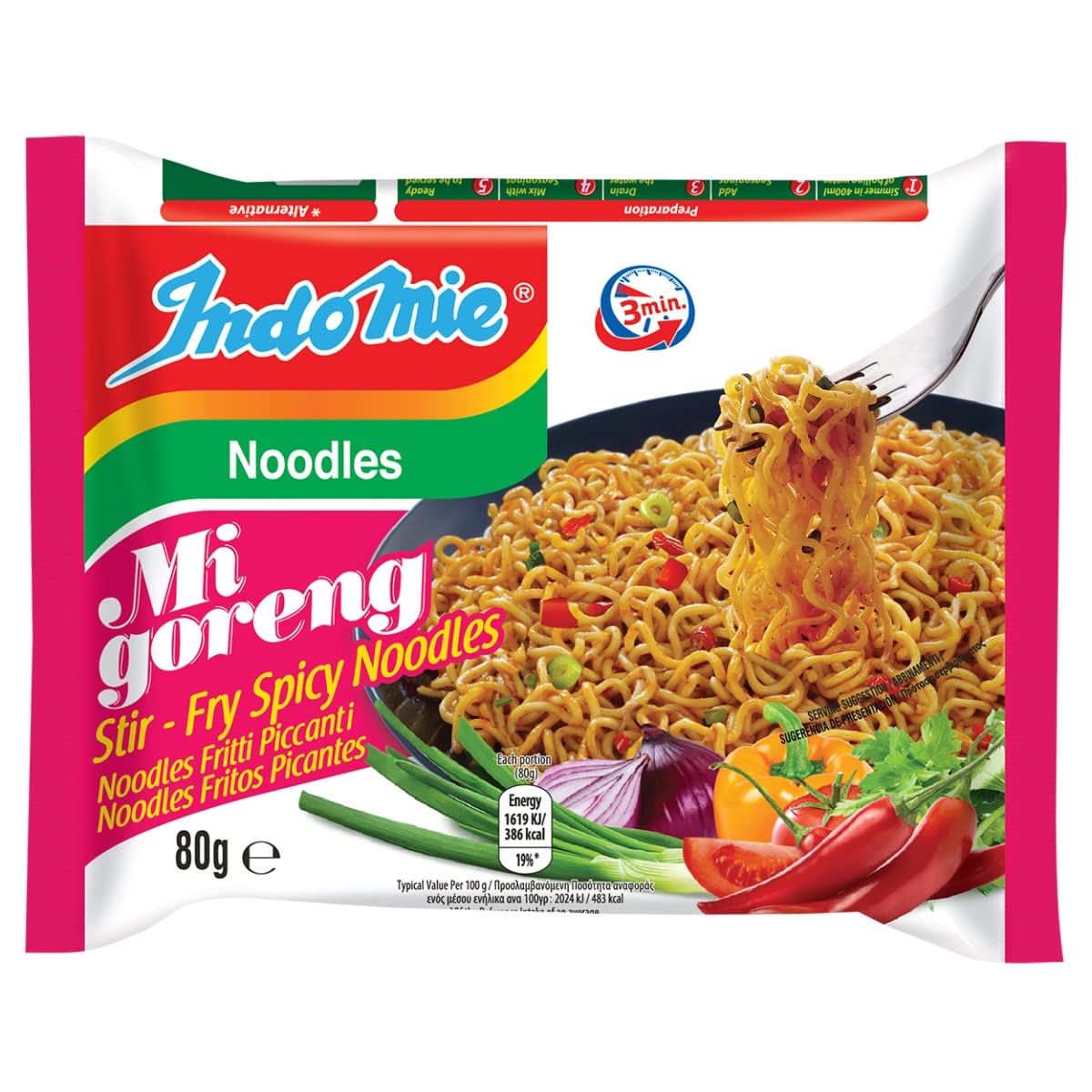 Indomie Mi Goreng noodles closeup, ready for sizzling stir-fry with bold heat.