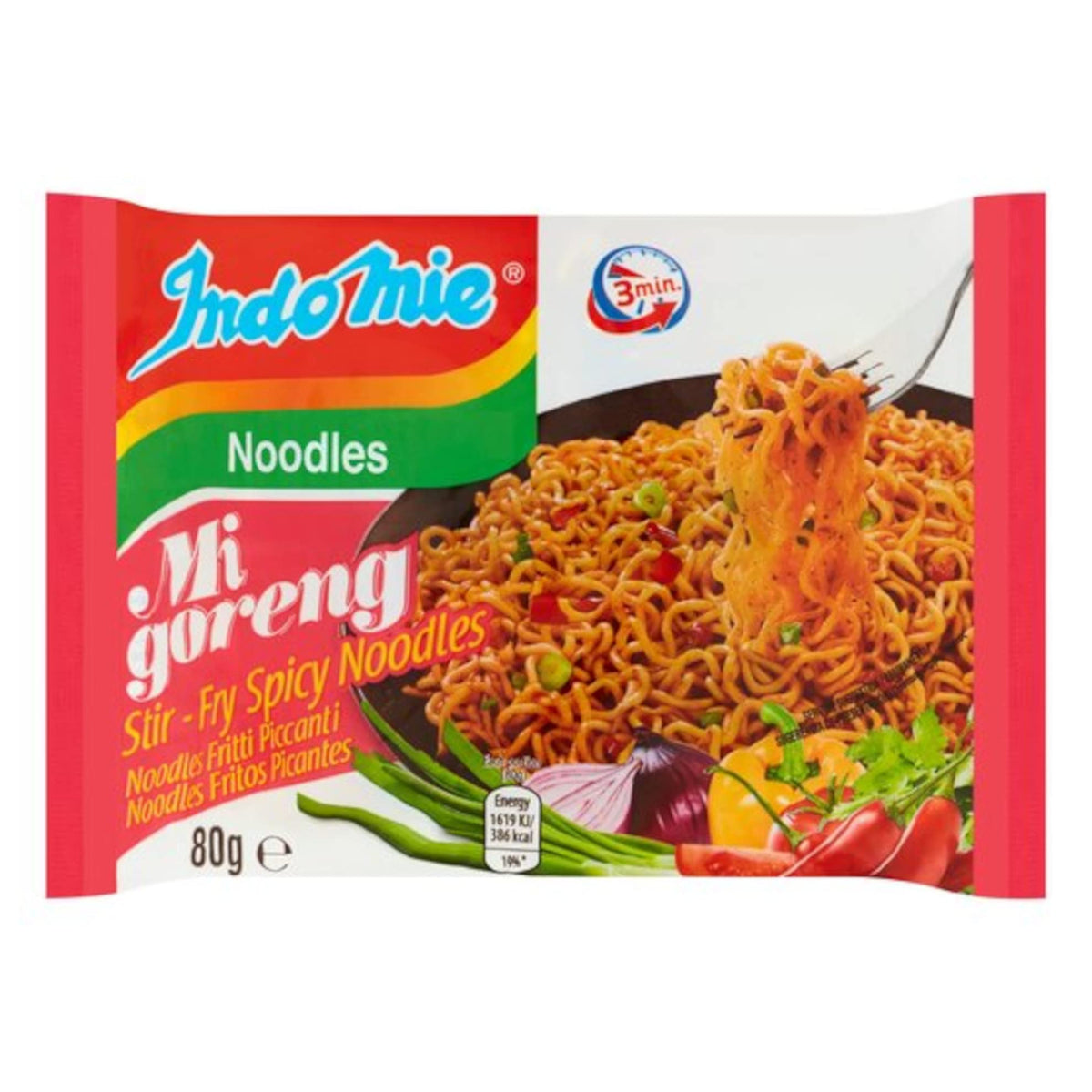 Indomie Mi Goreng noodles stir-fry in a pan for a savory halal option.