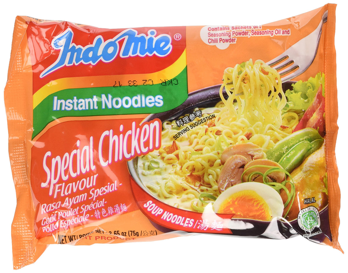 Indomie Soup Special Chicken Flavor case of 30 bags for bulk family meals.