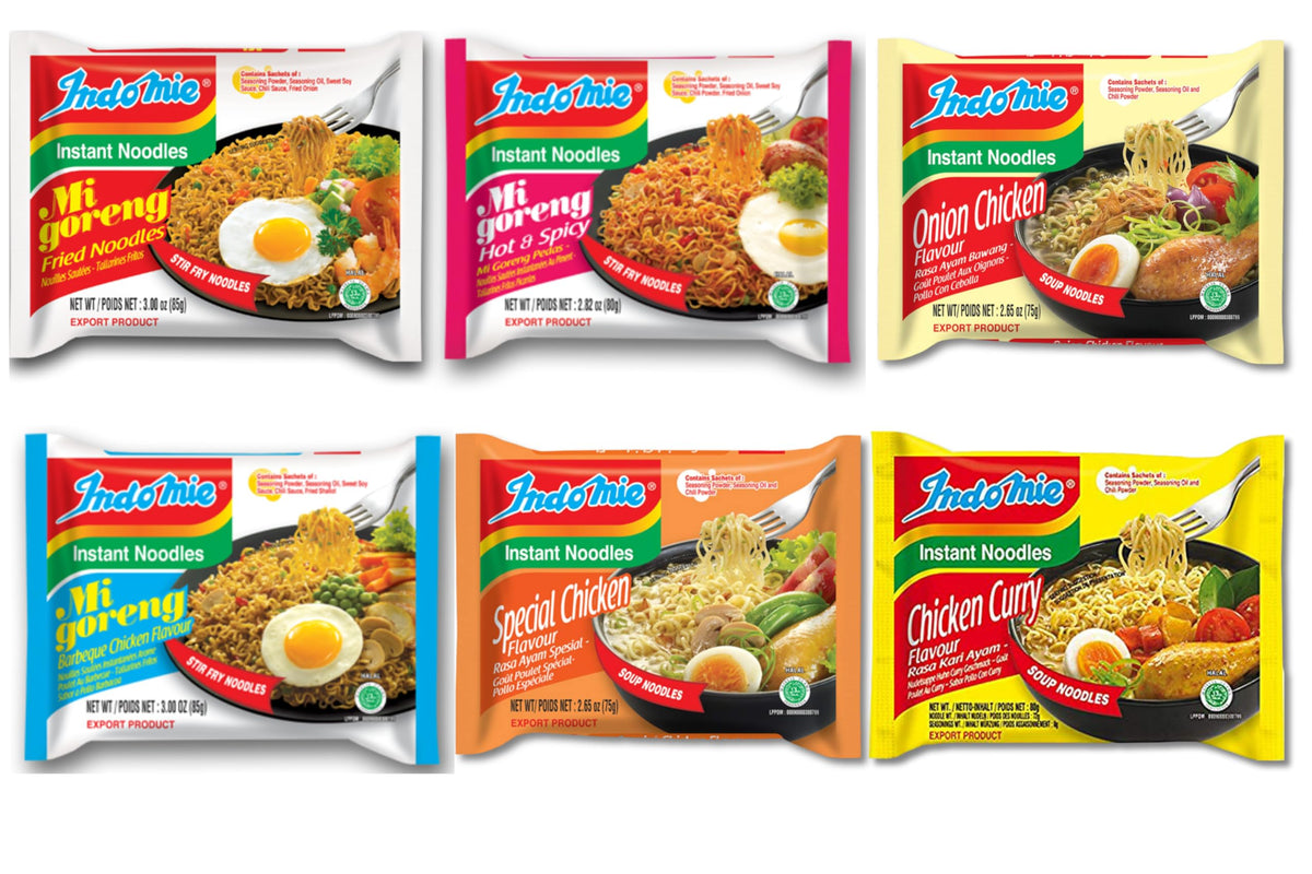 Indomie variety pack case with six flavors, perfect for family meals