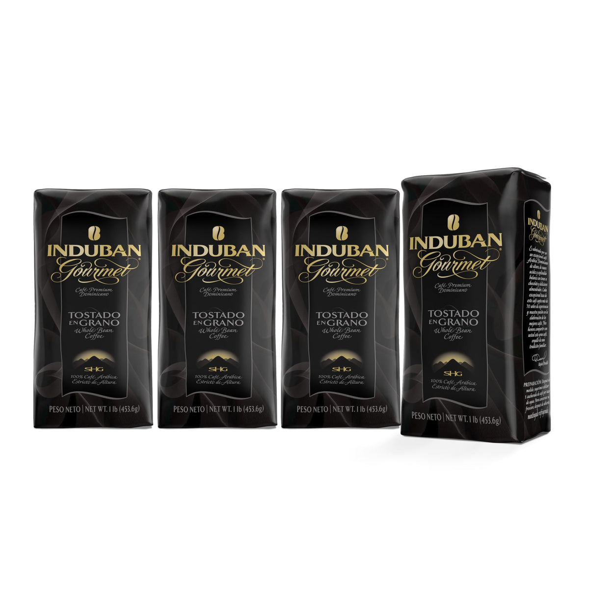 Induban Gourmet whole bean coffee in a 16oz bag ready for home drip brewing.