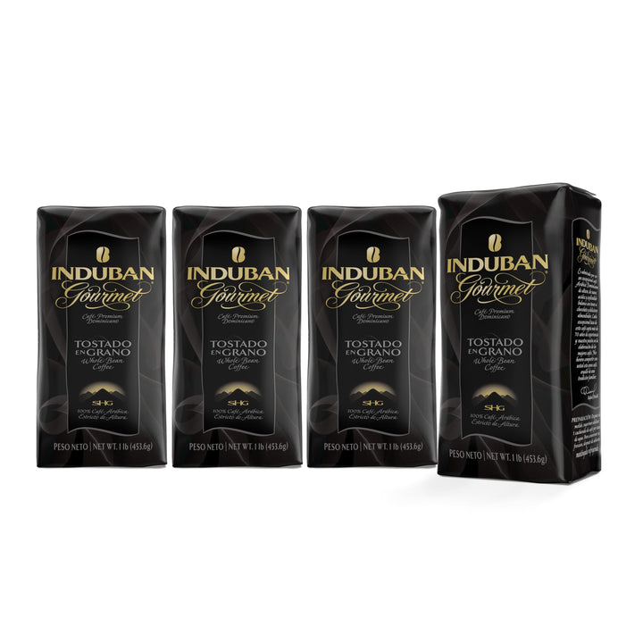 Induban Gourmet whole bean coffee in a 16oz bag ready for home drip brewing.