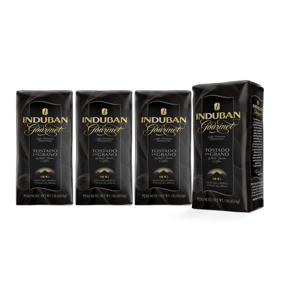 Induban Gourmet whole bean coffee in a 16oz bag ready for home drip brewing.