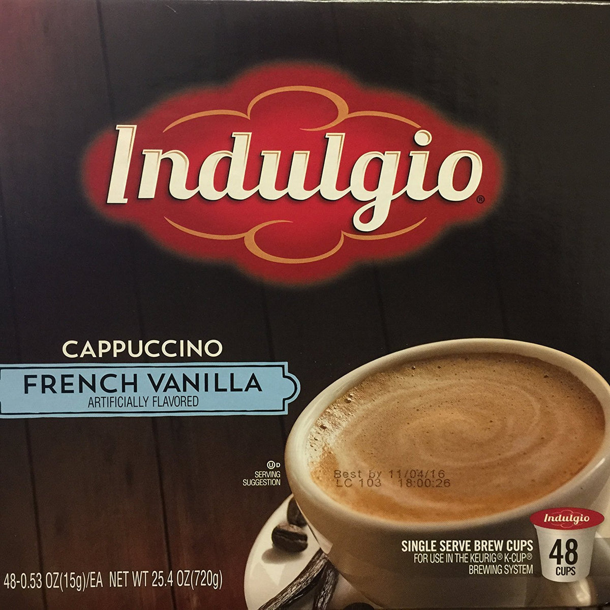 Indulgio cappuccino mix single-serve cups with French Vanilla aroma for cafe-style mornings.