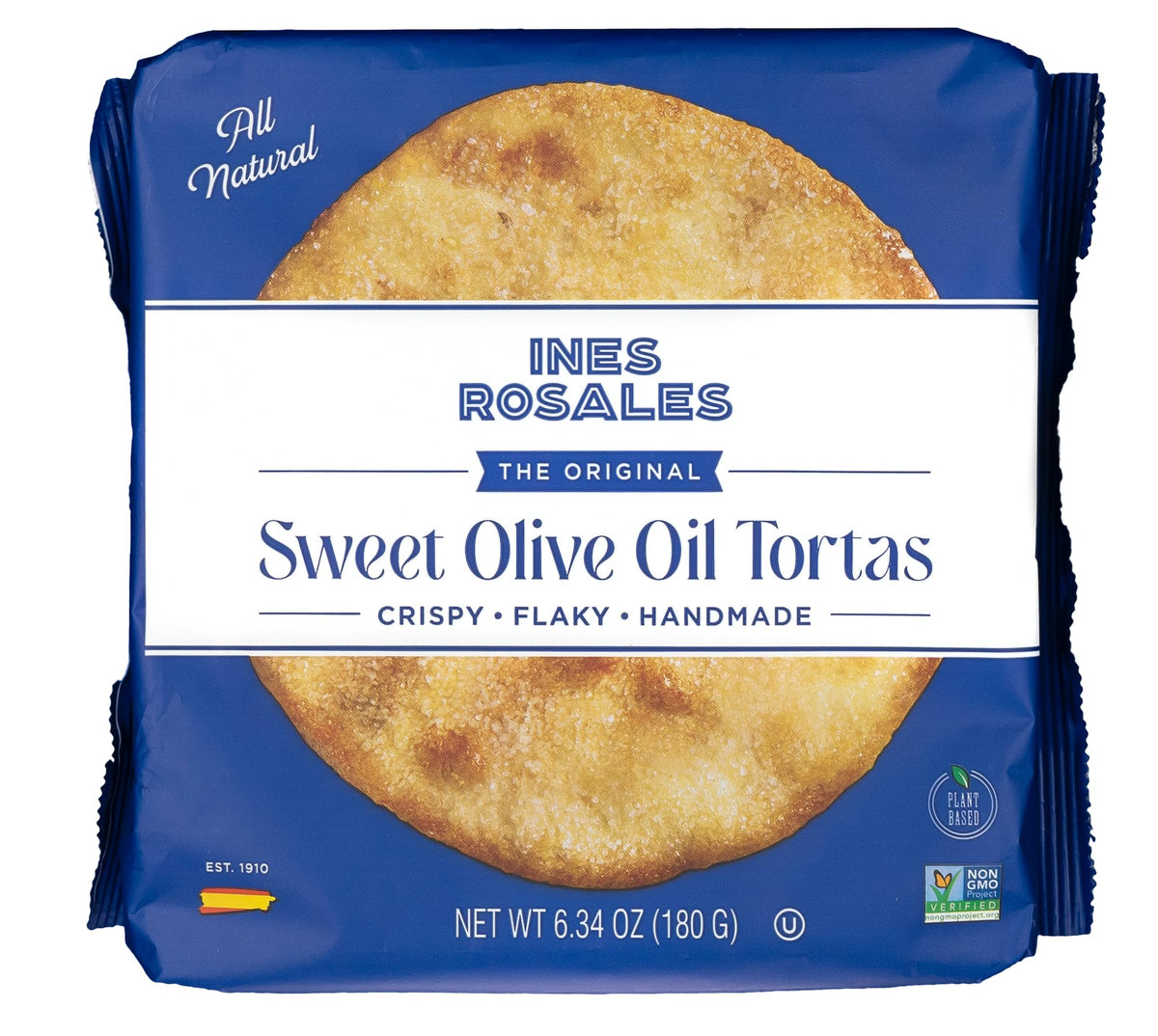 Ines Rosales Sweet Olive Oil Torta packaging displayed, natural ingredients highlighted
