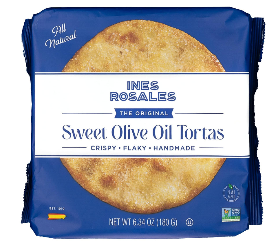 Ines Rosales Sweet Olive Oil Torta packaging displayed, natural ingredients highlighted