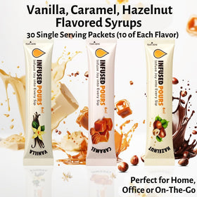 Infused Pours hazelnut syrup packet sixmL brings toasted nut flavor.