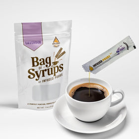 Infused Pours lavender syrup packet for coffee with floral aroma and subtle sweetness.