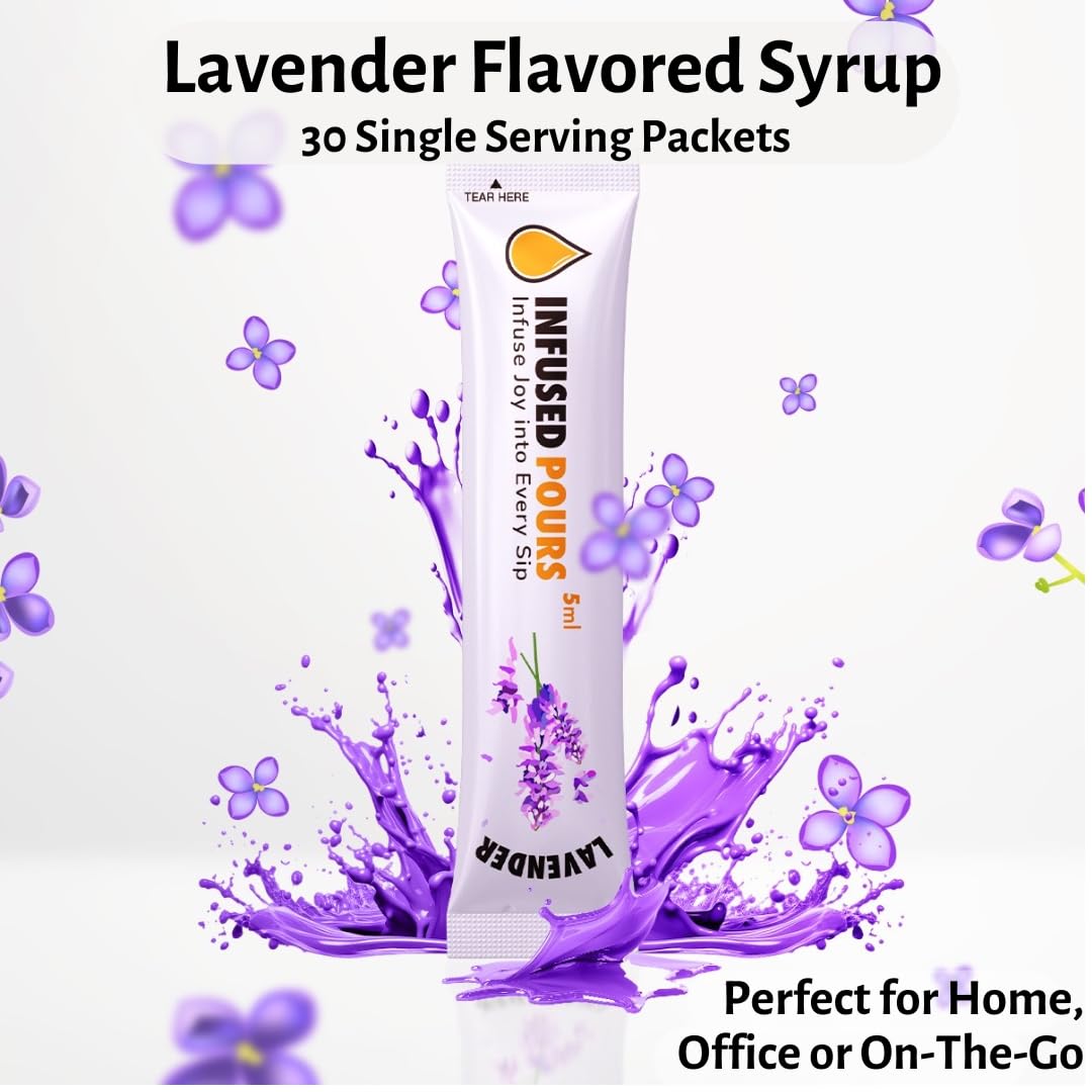 Infused Pours lavender syrup 30-count bag offers convenient single servings on the go.