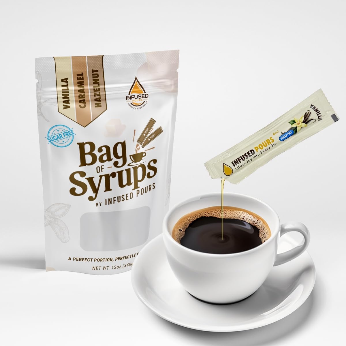 Infused Pours vanilla sugar-free packet closeup for flavor-rich coffee