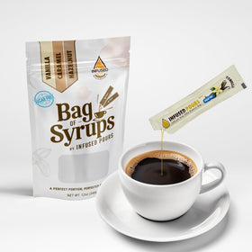 Infused Pours vanilla sugar-free packet closeup for flavor-rich coffee