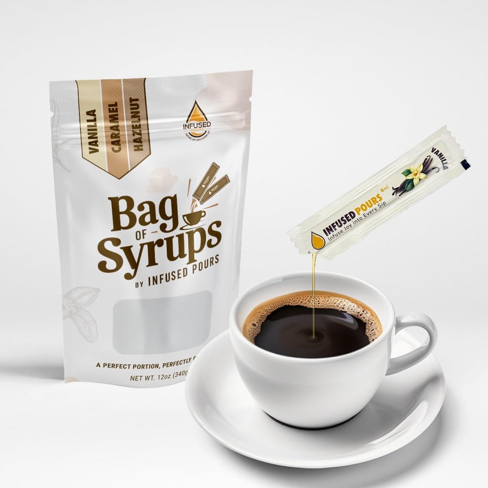 Infused Pours vanilla syrup packet sixmL enhances coffee with silky sweetness.