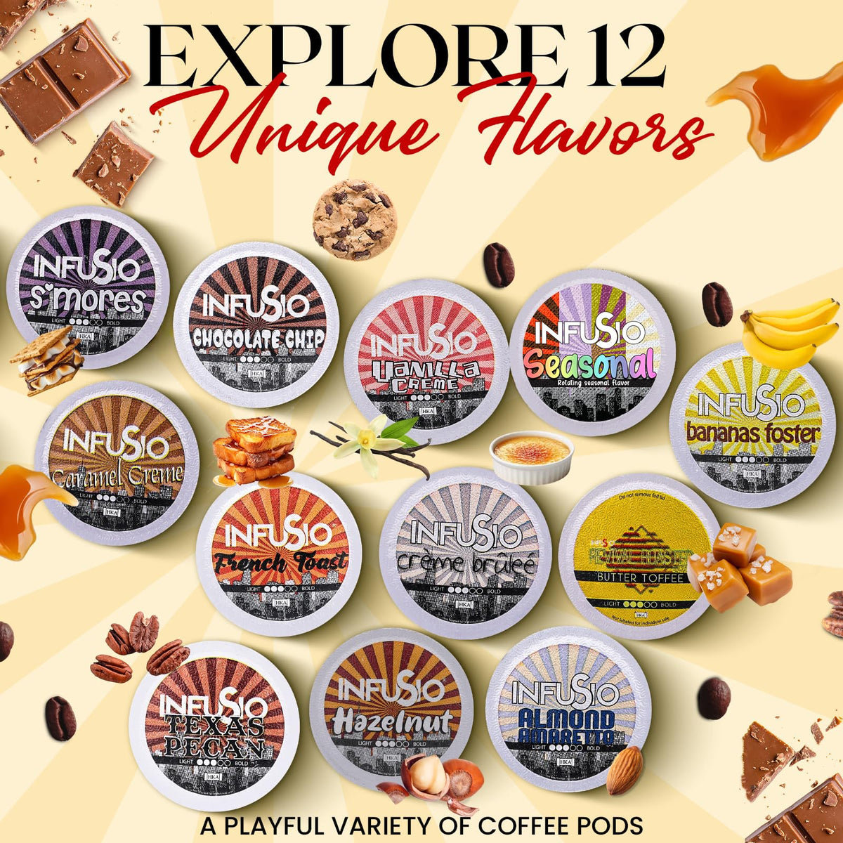 InfuSio 96-count flavored coffee variety box on kitchen shelf
